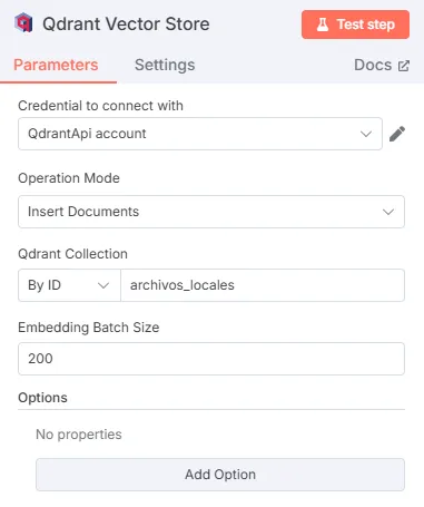 n8n qdrant vector store nodo config