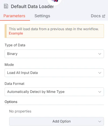 n8n default data loader nodo config